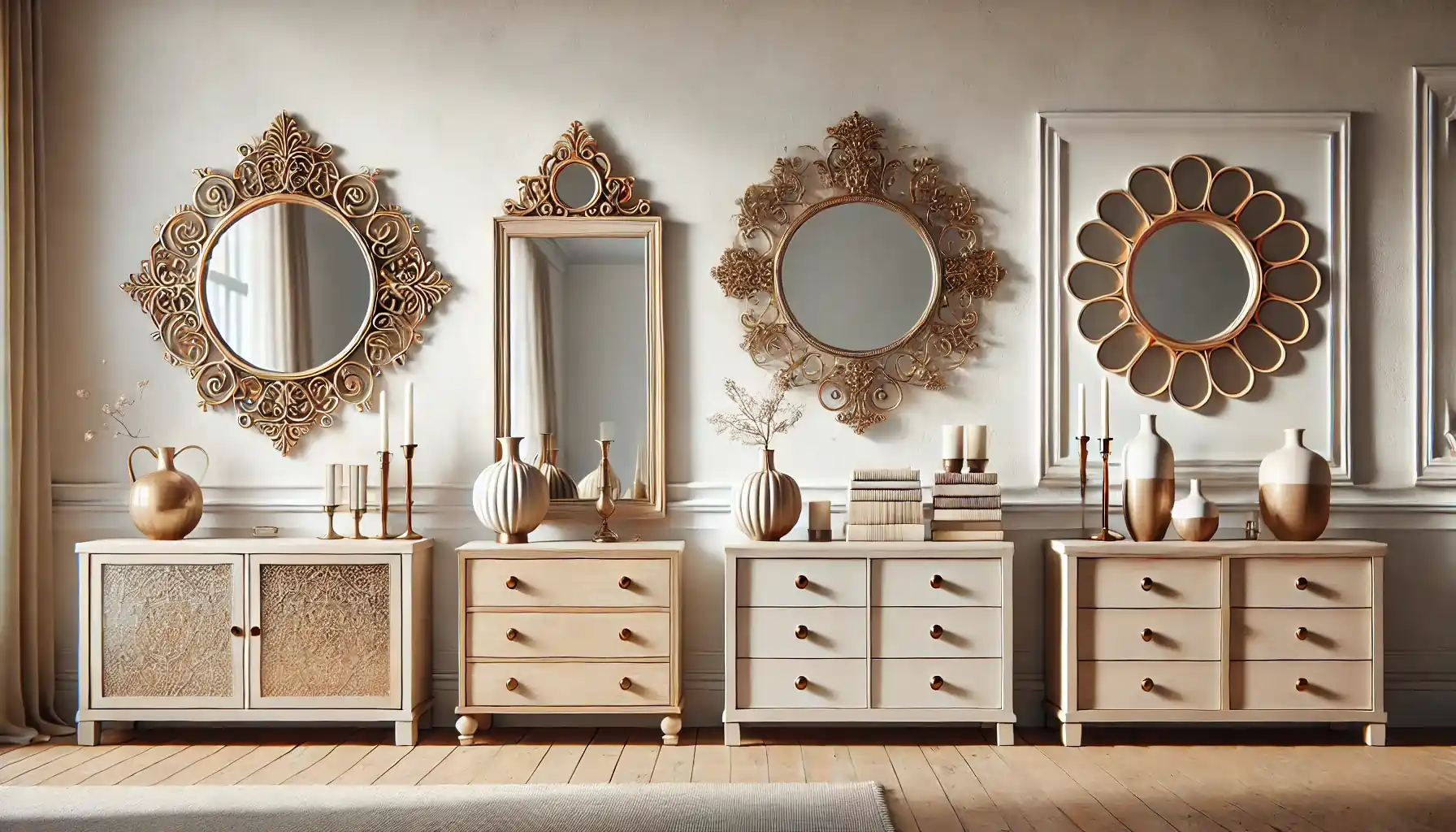 how to decorate a dresser with a mirror A styled dresser featuring the “rule of three,” with decor items of varying heights, such as a table lamp, a framed photo, and a small plant.