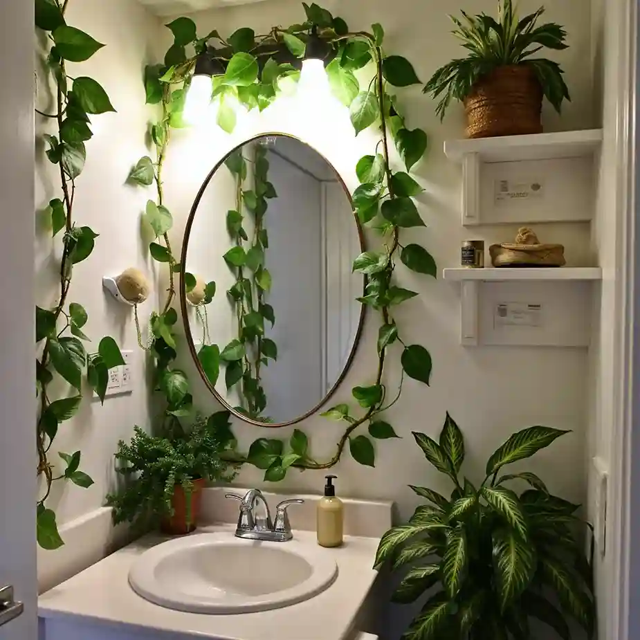 Low-light plants bring life and a natural vibe to windowless bathrooms.