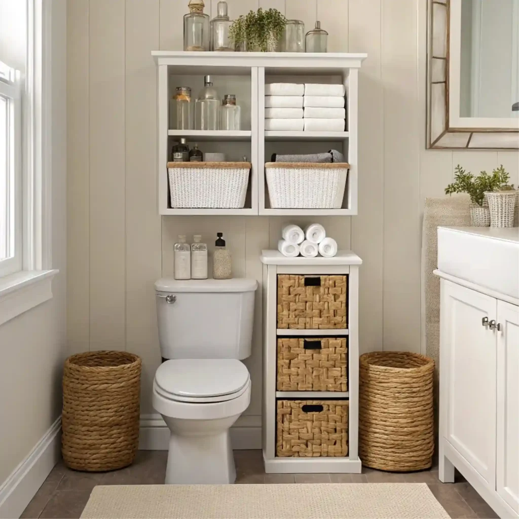 "Vertical storage solutions make the most of limited bathroom space."